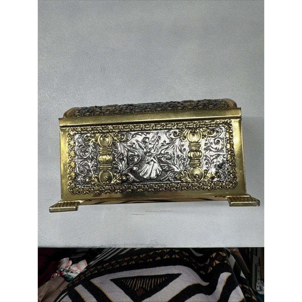 Vintage Teleflora Angel Embossed Chest Tin Gold and Silver tone West Germany  VG